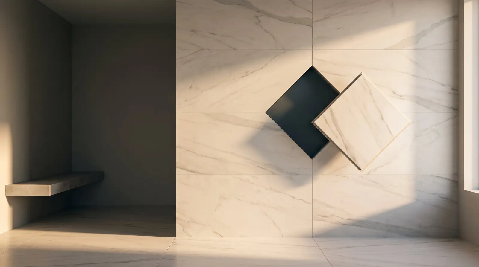 Muro de porcelanato tipo mármol con nicho en diamante