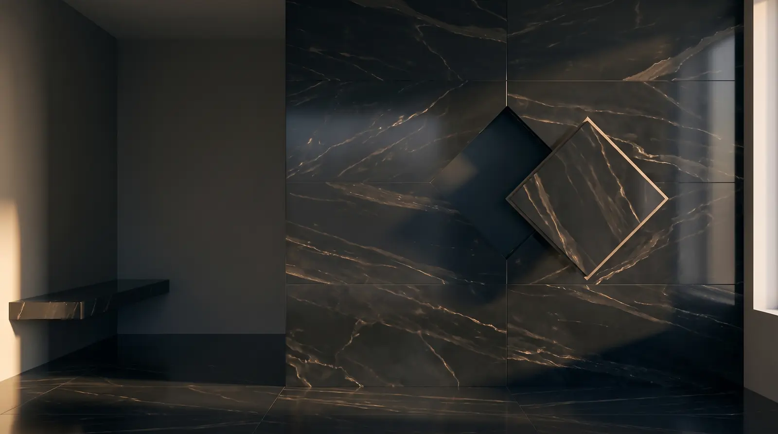 Muro de porcelanato ónix negro con vetas doradas