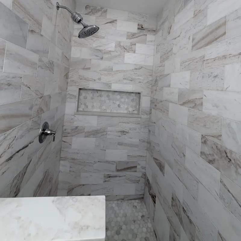 Marble-strip shower with mosaic niche, Atlanta GA