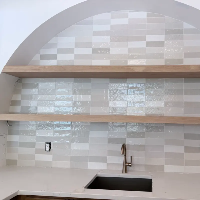 Arched zellige feature wall with floating wood shelves, Atlanta GA