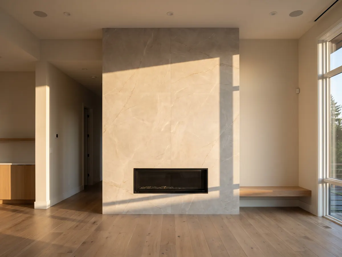 Large-format porcelain fireplace surround in warm afternoon light
